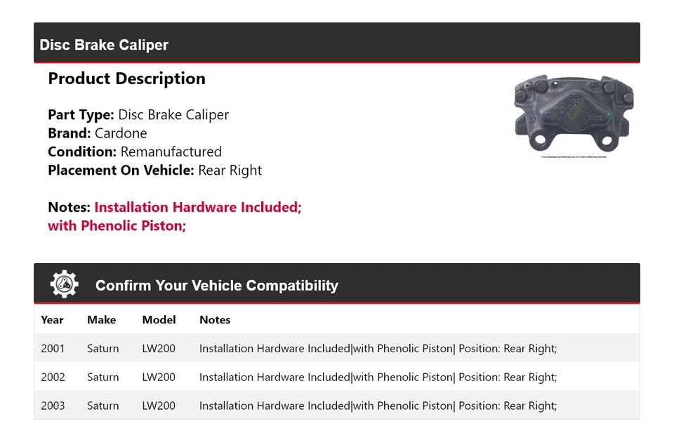 Pinza de freno de disco trasera derecha Cardone 2002 para Saturn LW200 2001-2003 Foto 2 de 4