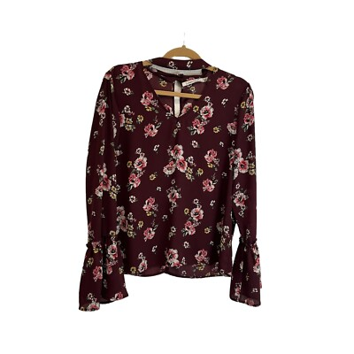 #ad #ad Liberty Love Floral Maroon Long Bell Sleeve High Neck Boho Top Womens Size L $7.99