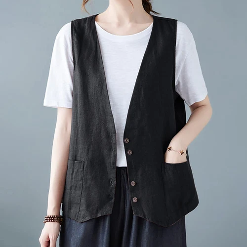 Mujeres Algodón Lino Sin Mangas Chaleco Abrigo Damas Botones Chaleco Informal Camiseta sin Mangas - Imagen 13 de 45