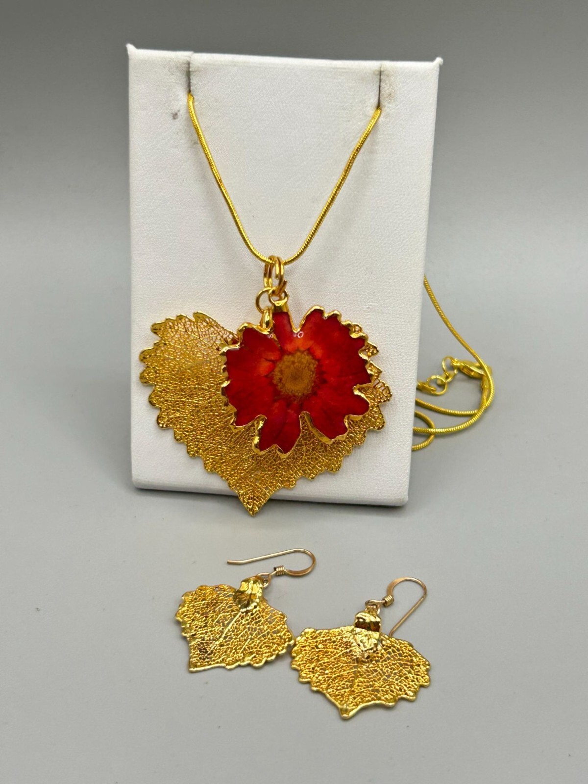 Gold Plated Dipped Leaf Necklace & Earrings Set W… - image 6