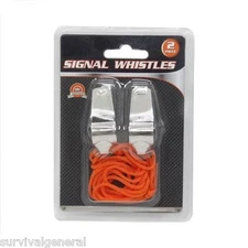 2 pc Metal Referee Whistle Lanyard Emergency Survival w/ Orange Neck String Loud