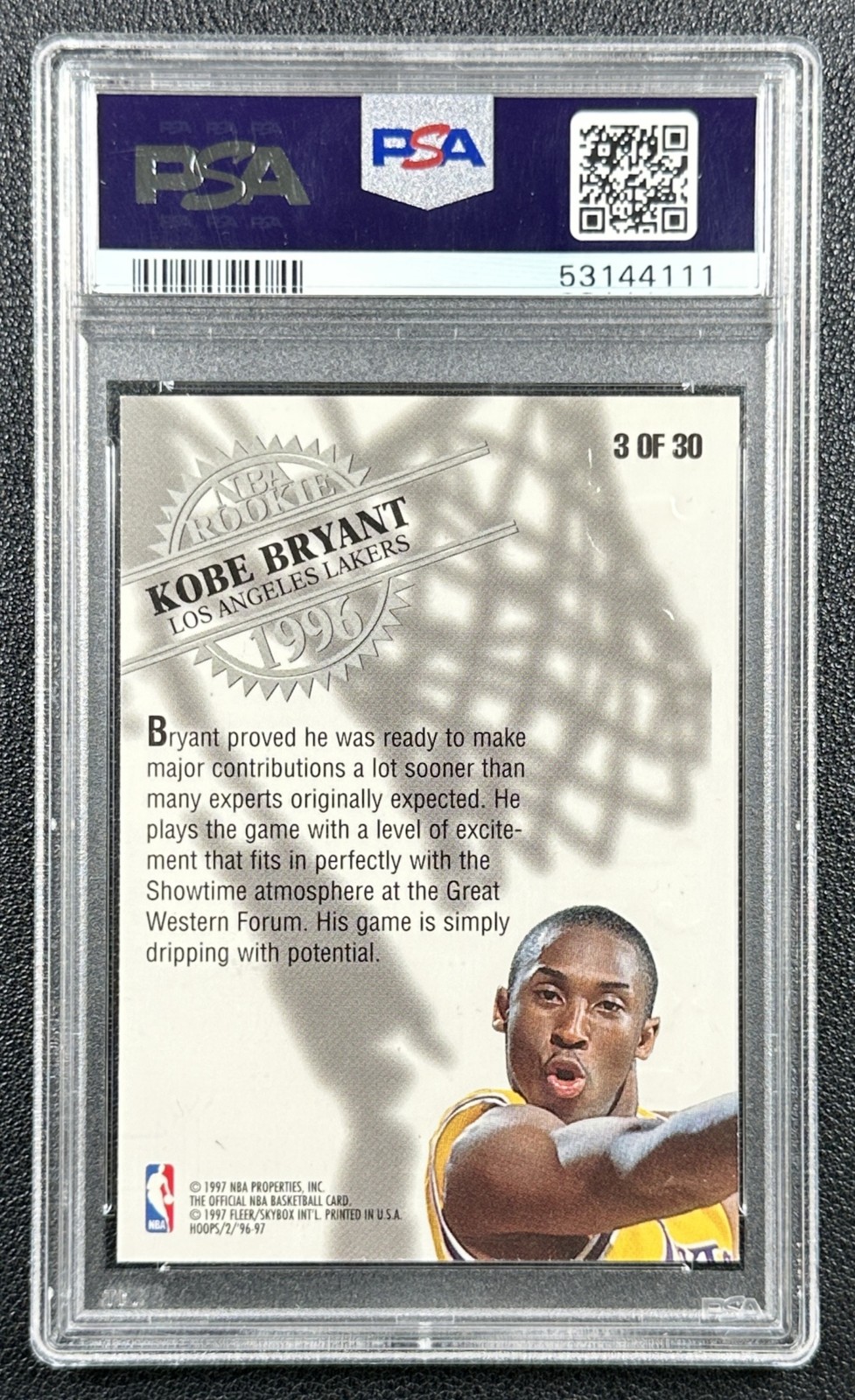 KOBE BRYANT PSA 9 1996-97 HOOPS #3 ROOKIE RC LAKERS 4111 view 2