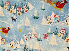 Sparkling Holiday Village on Blue Cotton Fabric 2 Yards x WOF 44"