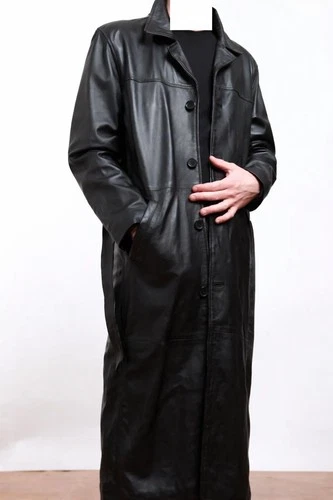 Mens Black Genuine Lambskin Leather Stylish Trench Coat Casual Style Long Coat video thumbnail