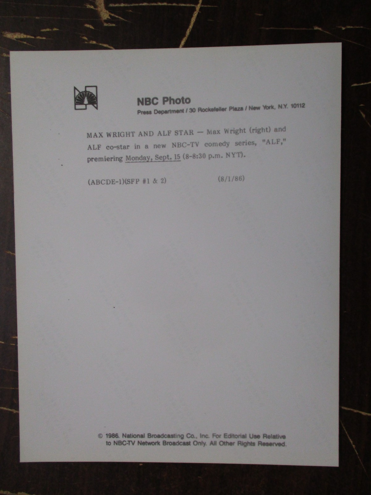 PRESS PROMO PHOTO TV SHOW SITCOM ALF MAX WRIGHT AS WILLIE TANNER 1986 7X9 Q891