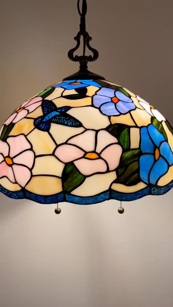 Tiffany Style Hanging Lighting Blue Pink Stained Glass Hummingbird