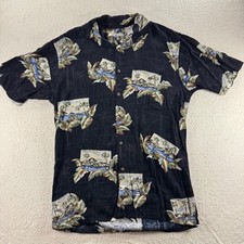 Moda Campia Hawaiian Shirt Men's Small Black Palm Tree Tropical Vacation Beachy