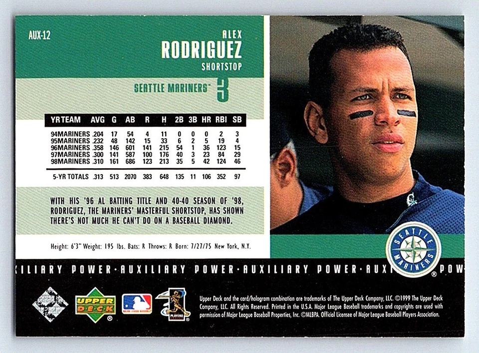 1999 Upper Deck PowerDeck Auxiliary Alex Rodriguez Seattle Mariners #AUX-12 - Image 2 of 2
