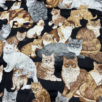 Vintage Cranston Print Fabric Cats Kittens On Black Background Cotton 2 ydsx44''