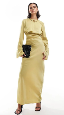 ASOS EDITION asymmetric long sleeve maxi dress with open back in lime green