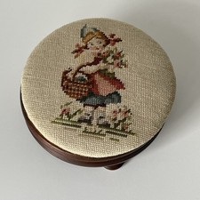 Vtg Needlepoint Footstool – Floral Girl Design – Wooden Base – Handmade 9”