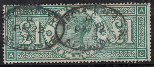 GB QV 1891 Sg 212, £1 verde c£800 FE.22.98 OVALE REG. ANNULLA