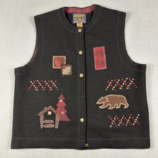 Woolrich Vest Womens XL 100 Wool Black Bear Tree House Print Grandma Core