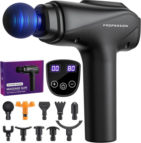 Massage Gun Deep Tissue Muscle Percussion Massager 30 Speeds 10 Heads, Portable,
