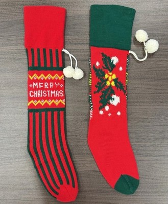 Vintage Knit Christmas Stockings Set Red Green Holiday Decor Pom Pom 22 Lot of 2