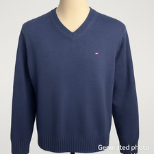 Tommy Hilfiger Classic Navy Cotton V-Neck Knit Sweater Preppy Essential Trend M