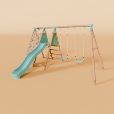 Double Wooden Swing Set with Climbing Wall and Slide - Stagwood I Waltons