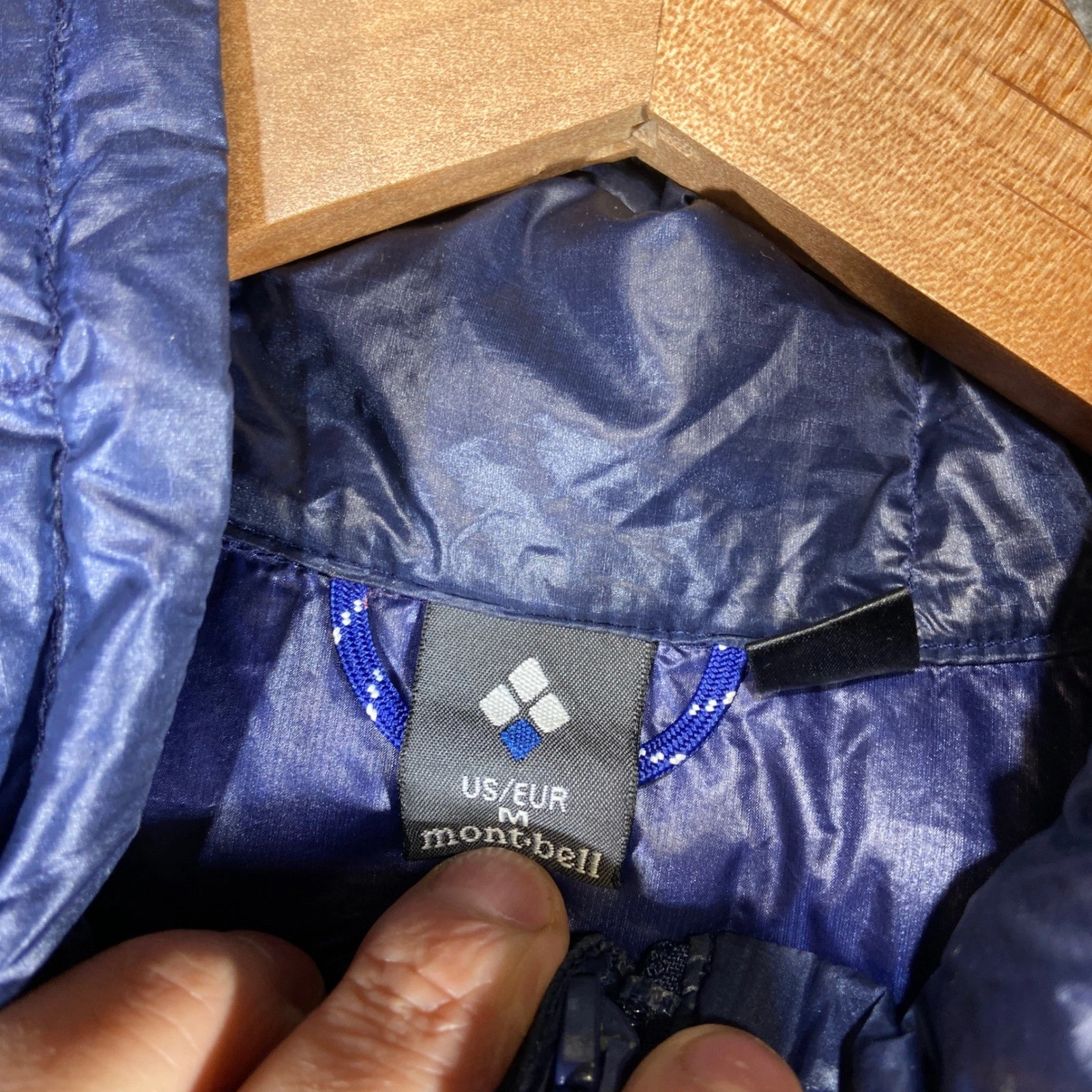 Montbell Ex Light Down Jacket Mens Medium Blue Puffer Full Zip 800FP Distressed - product detail image 5