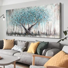 Best Wall Art Teal Blue Nature Tree of Life Abstract Canvas Painting Textured