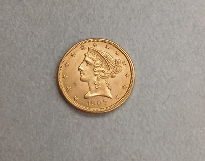 Gold 1907 $5 Liberty Head Gold Half Eagle 8.36g pure gold TP-0765