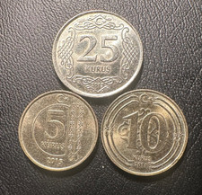 Turkey 3 coins : 5 , 25 Kurus ( 2015) and 10 Kurus (2016)