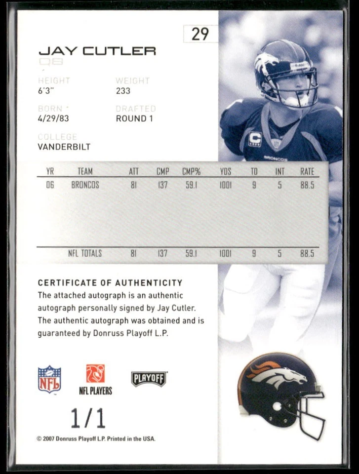 2007 Donruss Playoff Jay Cutler Auto 1/1 Broncos Autograph - Image 2 of 2