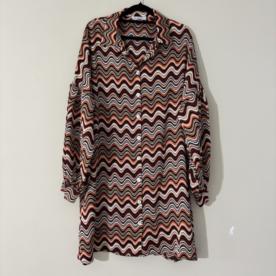 ST MRLO Orange Geometric Shirt Mini Dress Sz 12 Balloon Sleeve Waves Retro 70s