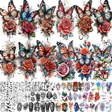 71 Sheets Rose Flowers Butterfly Temporary Tattoos For Women tiny, Black