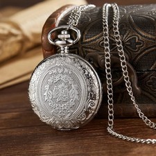 Vintage Quartz Silver Pocket Watch with Chain **FAST FREE SHIPPING**UK SELLER**