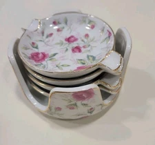 Japan Leftons China Rose Chintz Ladies Ashtray Set 4 Holder Mini Square Vintage