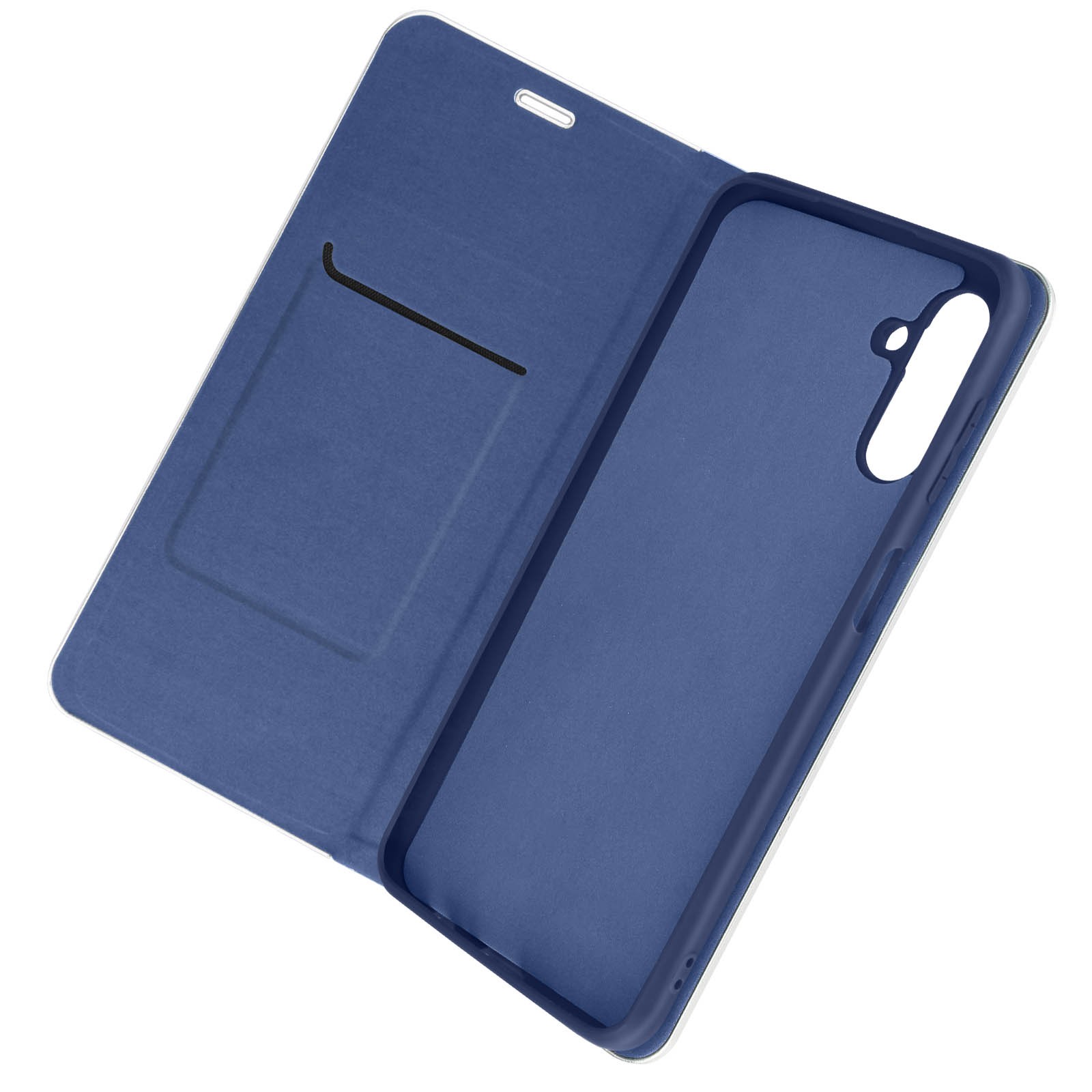 Coque Galaxy A13 5G design carbone bleu royal premium avec rabat de protection
