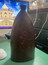 Rustic Brown Ceramic Vase with Raised Floral Design 13in Tall