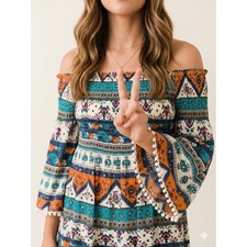 Umgee Boho Smocked Off Shoulder Bell Sleeve Babydoll Tunic Dress Pom Pom Trim M