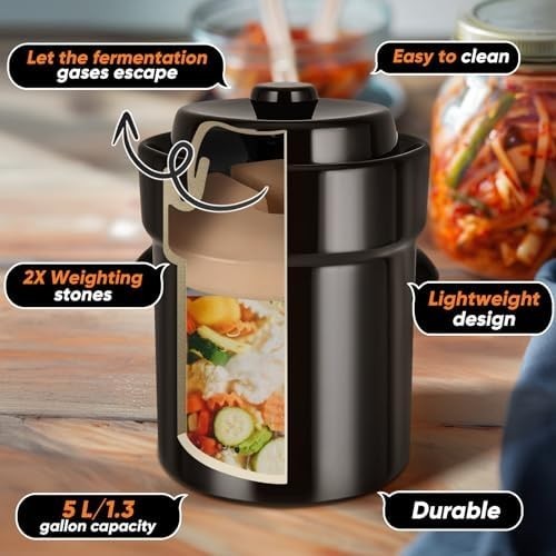 Fermentation Crock 2 Liter / 0.5 Gallon, Sauerkraut Crock with Lid, Weights & Po