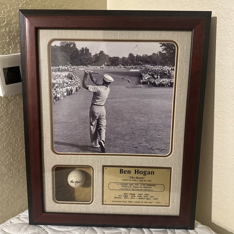Vintage Ben Hogan Picture Signed , A Ben Hogan Golf Ball And Championship Dates.