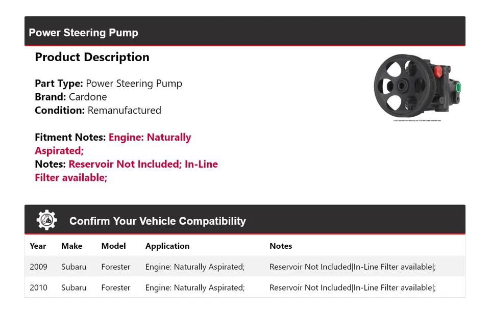 For 2009-2010 Subaru Forester Naturally Aspirated Power Steering Pump Cardone - Image 2 of 4