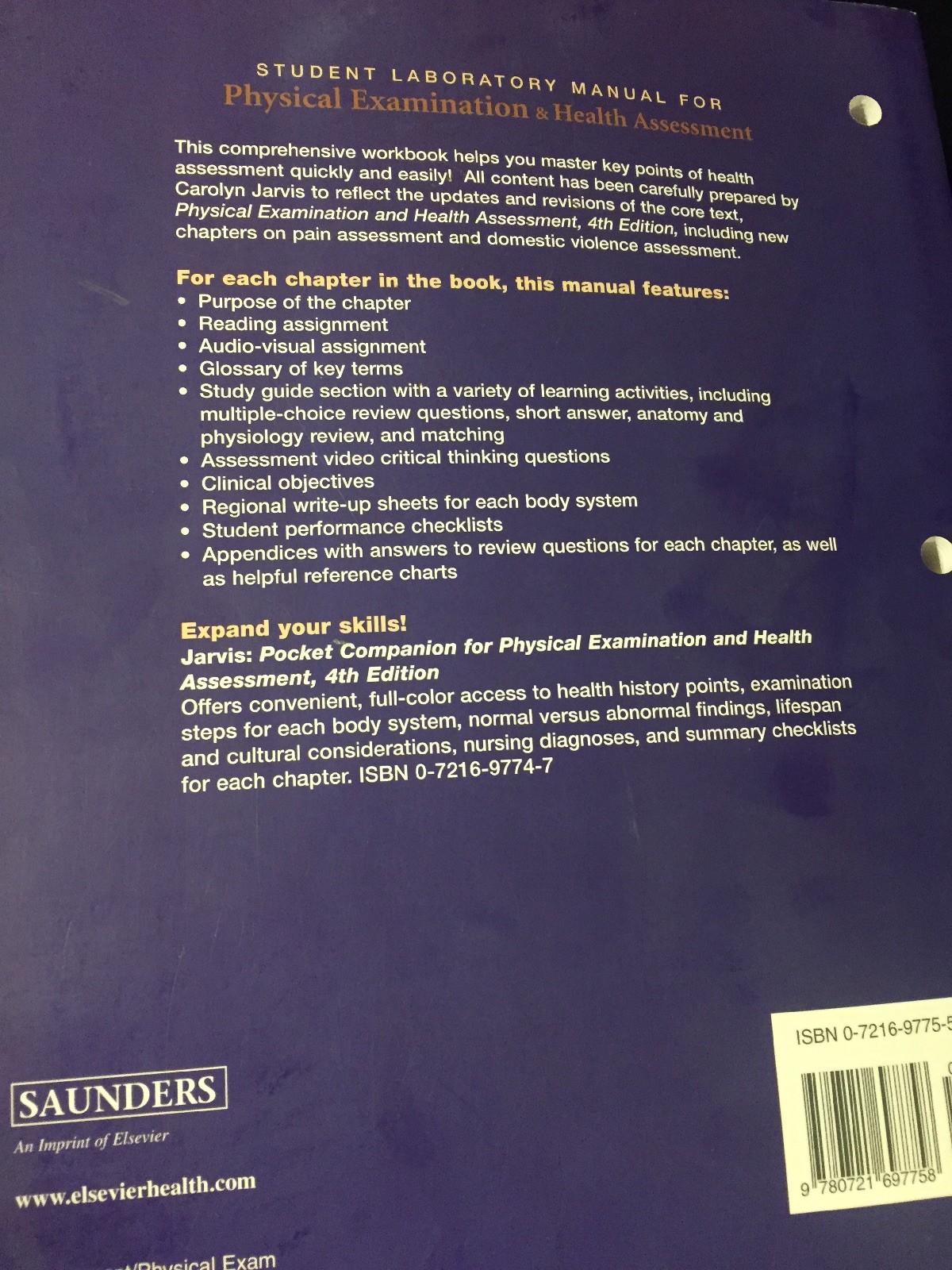 Student Laboratory Manual for Physical Examination and Health Assessment by  Carolyn Jarvis (2003, Paperback, Student Edition of Textbook) for sale  online | ...
