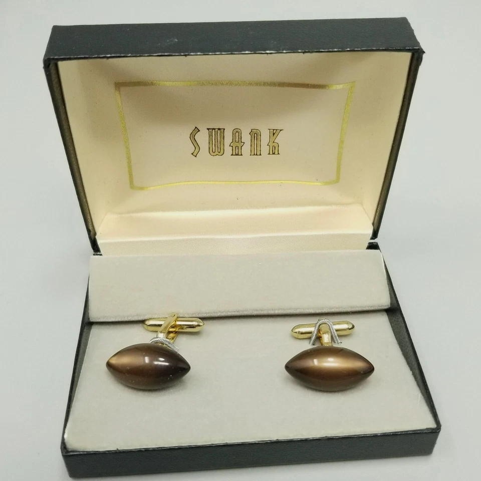 Vintage Swank Brown Lucite Moonglow Cufflinks Football Shape in Box - Image 2 of 4