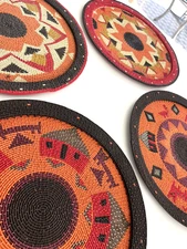 African Zulu Telephone Wire Platters 13" Handwoven Tribal Art Decor Set of 4