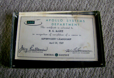vintage 1969 Apollo Systems Department paperweight plaque General Electric NASA 