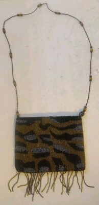 Beaded Purse Bag Leopard Pattern Black Gold Crossbody Made in India
