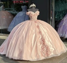 Pink Quinceanera Dresses Off Shoulder 3D Flowers Party Ball Gown For Sweet 15 16