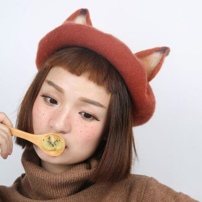 Women Fox Ear Wool Felt Beret Cap Cute Lolita Girls French Warm