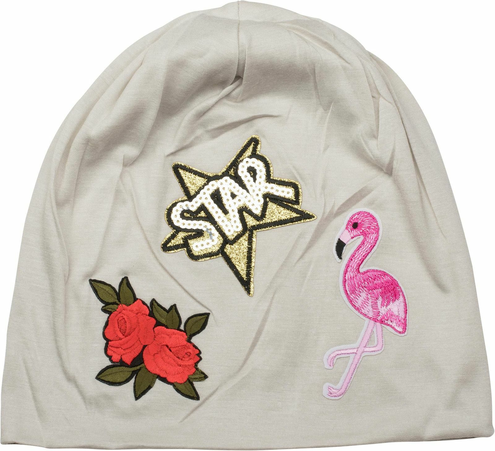 styleBREAKER gorro beanie con parches, flamenco, rosas, parche de estrella