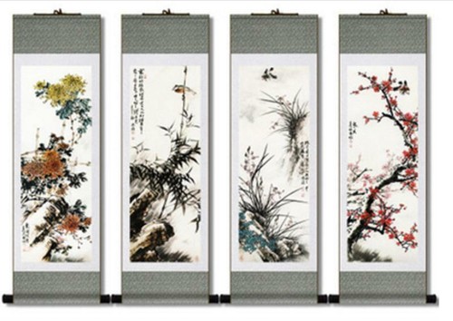 4pcs(梅兰竹菊) Chinese Silk Scroll Painting Feng shui Painting Home Decoration Gift  - Bild 1 von 5