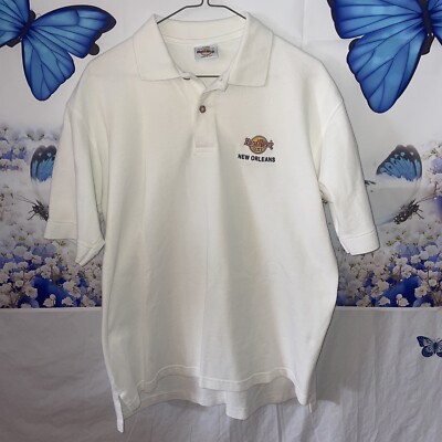 Vtg Hard Rock Cafe New Orleans Mens L White Polo Shirt USA