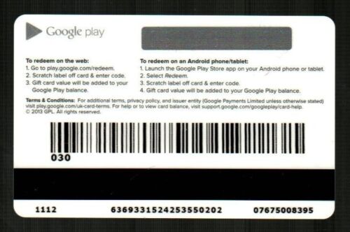 GOOGLE PLAY ( UK ) Colorful Logo ( 2013 ) Gift Card ( $0 - NO VALUE ) V1 - Picture 2 of 2