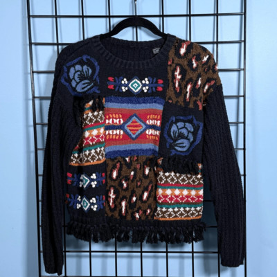 Vintage Knit Fringe Grandma Sweater Womens M Multicolor Cottagecore Patchwork