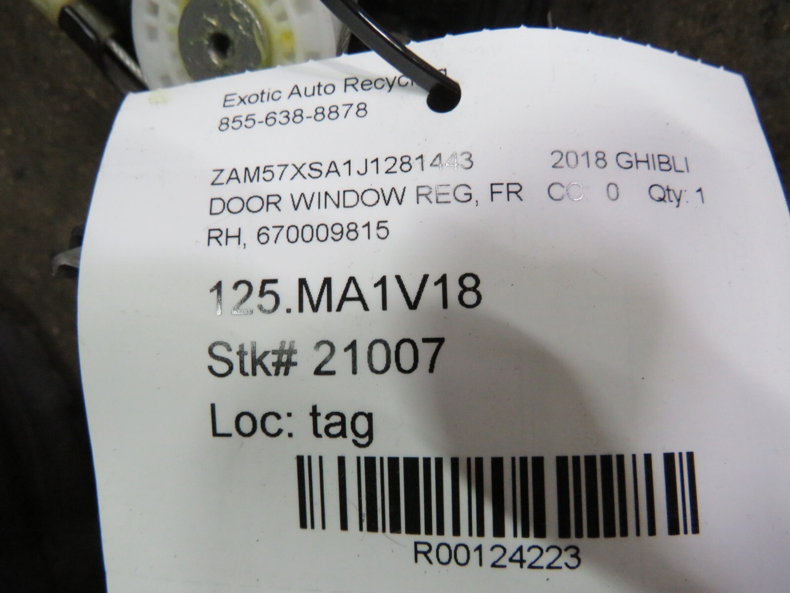 Maserati Ghibli, RH, Right, Front Door Window Regulator, Used, P/N 670009815