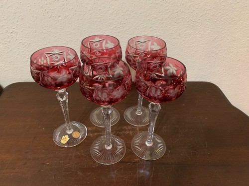 Nachtmann Crystal Cranberry Wine Glasses Cut To Clear 8 1/4" Set Of 5 Germany - Picture 17 of 24